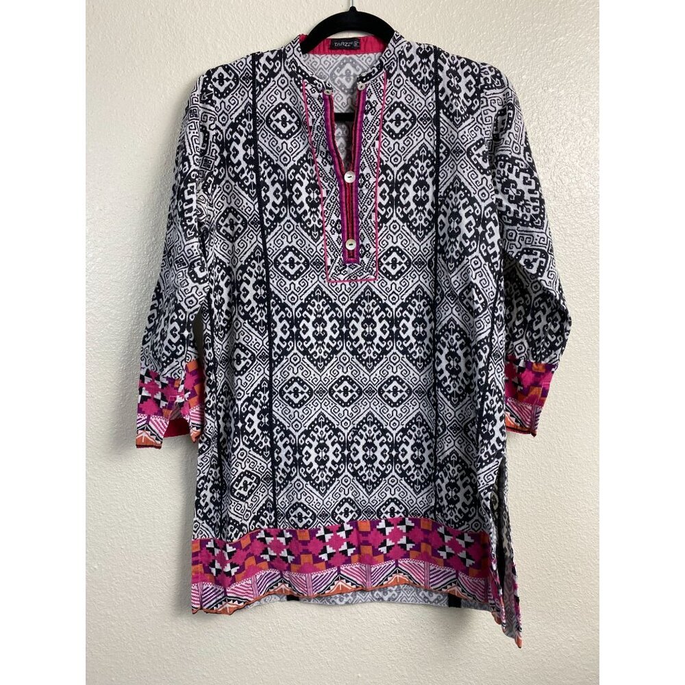 Tarzz Tunic Geometric 3/4 Sleeves Top Womens size Medium Boho vacation Artsy